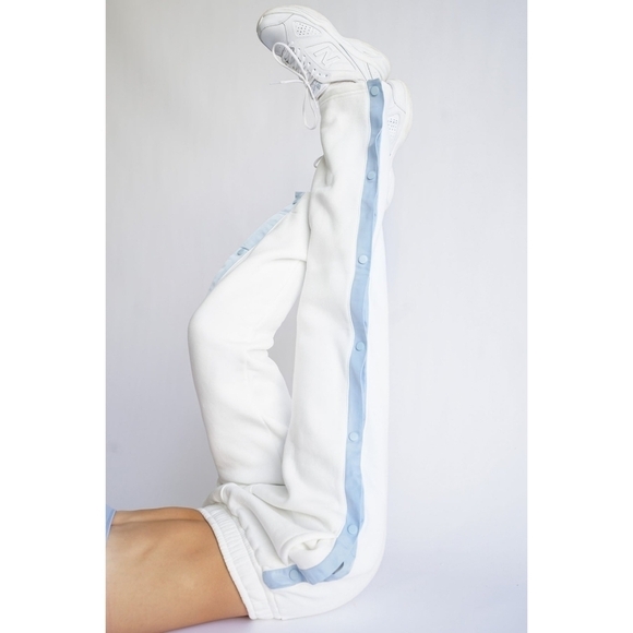 Yellow The Label Sweatpants Womens Large Tearaway White Blue Button Yllw Pants - Picture 1 of 16
